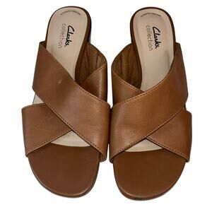 Clarks Collection Mules Criss Cross Leather Block Heel‎ Slides Brown Size